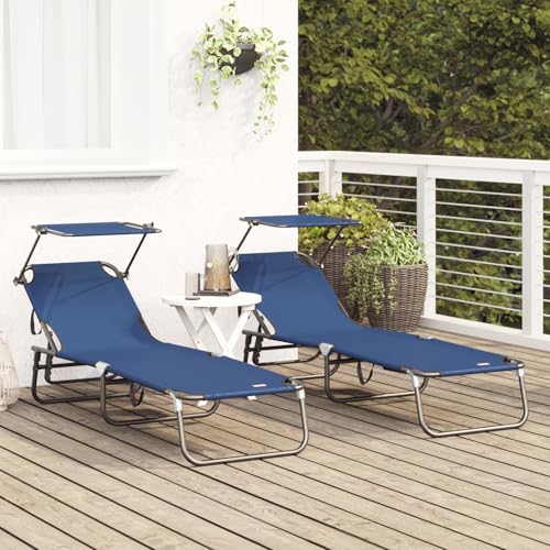 Vopese Klappbare Sonnenliegen 2 Stück mit Sonnendach Blau 600D Oxford Stoff Sonnenschirm Model42003134 von Vopese