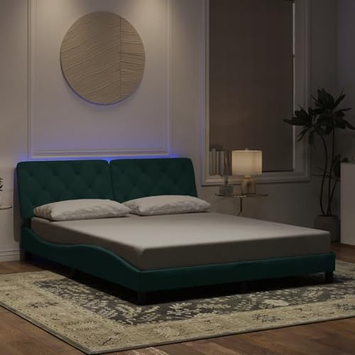 Vopese LED-Bettgestell mit Kopfteil-Kissen Dunkelgrün - Samt & Holz, 218x165x74,5 cm, für erholsamen Schlaf Model3213864 von Vopese