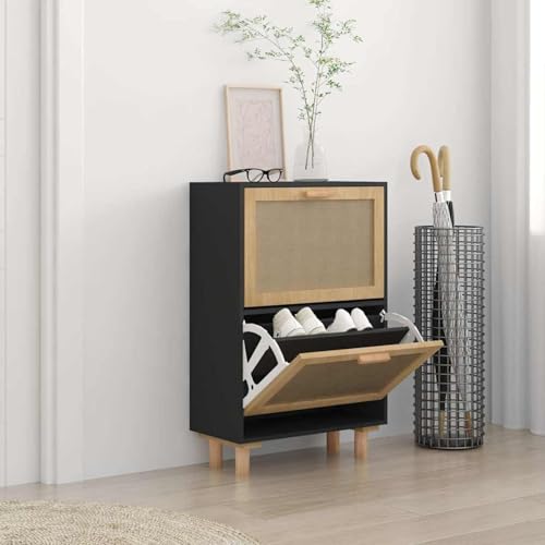 Vopese Schuhschrank Schwarz 52x25x80 cm Holzwerkstoff & Rattan Natur Schuhregal Model345646 von Vopese