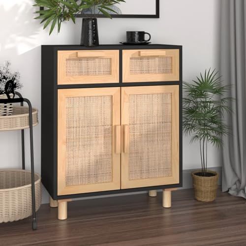 Vopese Sideboard Schwarz 60x30x75cm Massivholz Kiefer und Natur-Rattan Anrichte Model345637 von Vopese