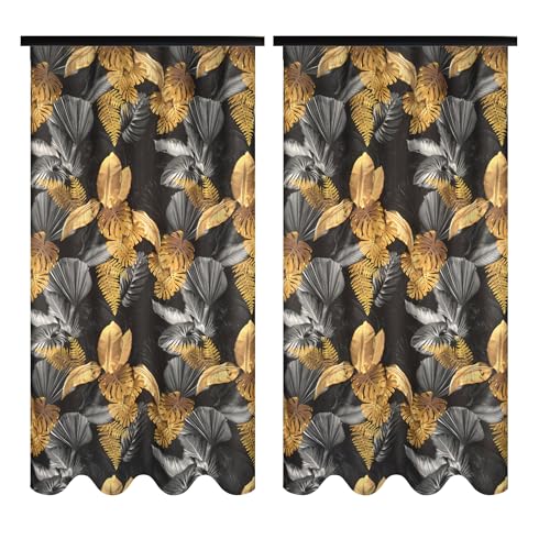 Voppi Dekorative Vorhänge auf Kräuselband 140 x 240 cm - Schwarze Vorhänge Mit Gold Exotischen Blättern, Halbverdunkelnd für Wohnzimmer, Schlafzimmer, Esszimmer - 2er Set von Voppi sunshine at home