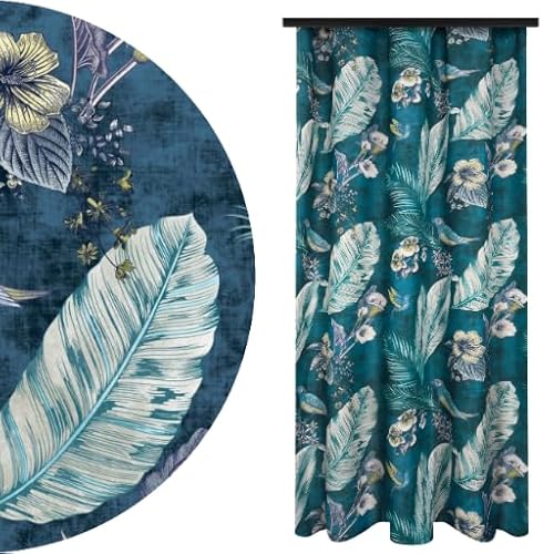 Voppi Dekovorhang für Wohnzimmer 140x260 cm mit Kräuselband für Frosch Sicherheitsnadeln oder Tunnel schöner eleganter moderner Vorhang mit Vogelfedern Blumen blau halbdunkel Blickdicht von Voppi sunshine at home