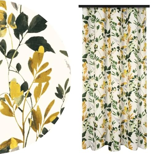 Voppi Fenstervorhang mit Muster 140 x 240 cm halbdunkler Vorhang mit Universal Kräuselband Pflanzenmuster gelb Gold und grün Blätter auf hellem Hintergrund schöner Dekovorhang für Zuhause von Voppi sunshine at home