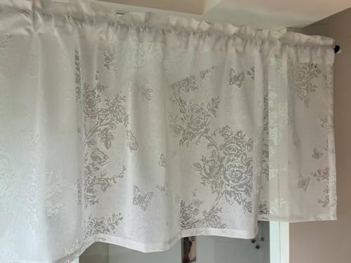 Vordersack Jacquard Scheibengardine mit Schmetterlings-Blumenmuster Landhausstil Kurzstore Stickerei halbtransparent Bistrogardine mit Stangendurchzug 1 Stück Weiß HxB 40x180cm von Vordesack