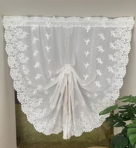 Vordesack Baumwolle Raffrollo mit Loch-und 3D Blumenstickeirei Landhausstil Gardine mit Stangendurchzug Spitze Raffgardine Wohnzimmer 1 Stück Weiß HxB 160x130cm von Vordesack