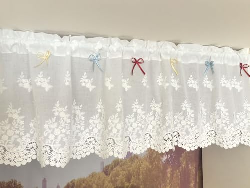 Vordesack Baumwolle Scheibengardine mit Loch-und 3D Blumenstickeirei und Schleifen Landhausstil Bistrogardine mit Stangendurchzug 1 Stück Weiß HxB 60x140cm von Vordesack