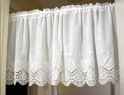 Vordesack Baumwolle Scheibengardine mit Lochstickerei und Spitzenblumenmuster Landhausstil Kurzstore mit Stangendurchzug 1 Stück Weiß HxB 70x120cm von Vordesack