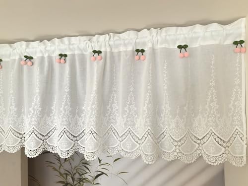 Vordesack Baumwollgardinen mit Lochstickerei & Kirschblüten-Dekor – Romantische Spitzenvorhänge Landhausstil Scheibengardine mit Blumen Stickerei 1 Stück Weiß HxB 40x90cm von Vordesack