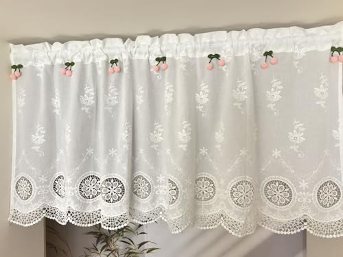 Vordesack Baumwollgardinen mit Lochstickerei & Kirschblüten-Dekor – Romantische Spitzenvorhänge Landhausstil Scheibengardine mit Blumen Stickerei 1 Stück Weiß HxB 60x120cm von Vordesack