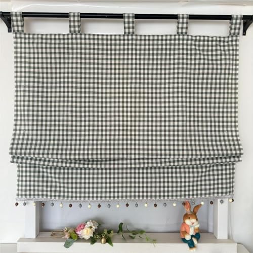 Vordesack Blickdichter Raffrollo mit Karo-Muster Landhausstil Gardinen mit Quasten-Kante Raffgardine mit Schlaufen Wohnzimmer Gardinenschal Küche 1 Stück Bunt HxB 140x60cm von Vordesack
