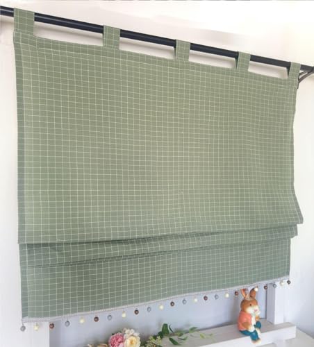 Vordesack Blickdichter Raffrollo mit Karo-Muster Landhausstil Gardinen mit Quasten-Kante Raffgardine mit Schlaufen Wohnzimmer Gardinenschal Küche 1 Stück Grün HxB 140x120cm von Vordesack
