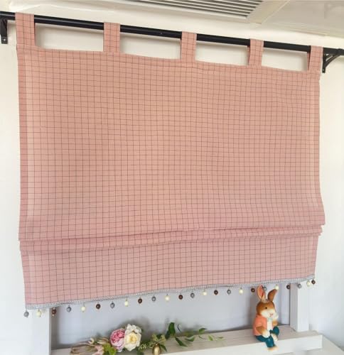 Vordesack Blickdichter Raffrollo mit Karo-Muster Landhausstil Gardinen mit Quasten-Kante Raffgardine mit Schlaufen Wohnzimmer Gardinenschal Küche 1 Stück Pink HxB 140x140cm von Vordesack