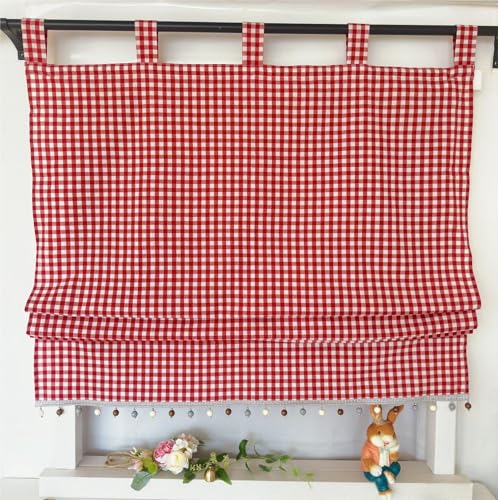 Vordesack Blickdichter Raffrollo mit Karo-Muster Landhausstil Gardinen mit Quasten-Kante Raffgardine mit Schlaufen Wohnzimmer Gardinenschal Küche 1 Stück Rot HxB 140x70cm von Vordesack