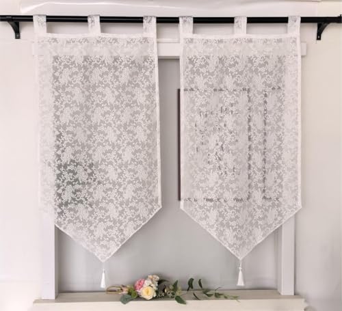 Vordesack Jacquard Panneaux mit Quaste Scheibengardine Kurzstore mit Stickerei Blumenmotiv Bistrogardinen mit Schlaufen 2 Stück HxB 120x60cm von Vordesack
