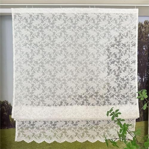 Vordesack Jacquard Raffrollo mit Blumen Muster Landhausstil weiße Spitzenoptik mit gebogten Abschluss Raffgardine mit Klettband 1 Stück HxB 140x140cm von Vordesack