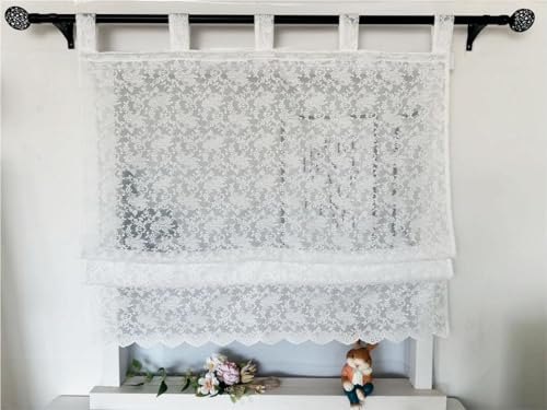 Vordesack Jacquard Raffrollo mit Blumen Muster Landhausstil weiße Spitzenoptik mit gebogten Abschluss Raffgardine mit Schlaufen 1 Stück HxB 140x100cm von Vordesack