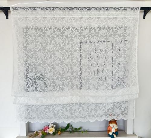 Vordesack Jacquard Raffrollo mit Blumen Muster Landhausstil weiße Spitzenoptik mit gebogten Abschluss Raffgardine mit Stangendurchzug 1 Stück HxB 140x40cm von Vordesack