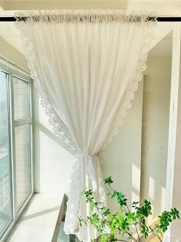 Vordesack Jacquard Scheibengardine Landhausstil mit Streifen Muster und Spitzenkante transparente Gardine mit Stangendurchzug in Küche, Wohnzummer 1 Stück Weiß HxB 100x80cm von Vordesack