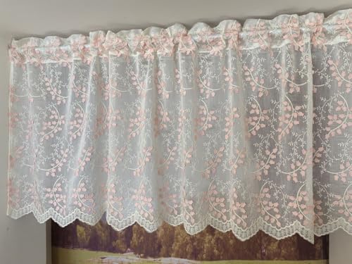 Vordesack Landhausstil Scheibengardine aus Baumwolle mit 3D Stickerei Glockenblumen-Motiv Spitze Kurzstore halbtransparente Bistrogardine mit Stangendurchzug 1 Stück Pink HxB 60x90cm von Vordesack