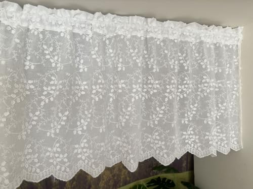 Vordesack Landhausstil Scheibengardine aus Baumwolle mit 3D Stickerei Glockenblumen-Motiv Spitze Kurzstore halbtransparente Bistrogardine mit Stangendurchzug 1 Stück Weiß HxB 60x140cm von Vordesack