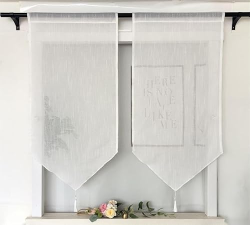 Vordesack Leinenoptik Panneaux mit Quaste Scheibengardine Kurzstore Unifarbige Weiß Bistrogardinen mit Stangendurchzug 2 Stück HxB 100x60cm von Vordesack