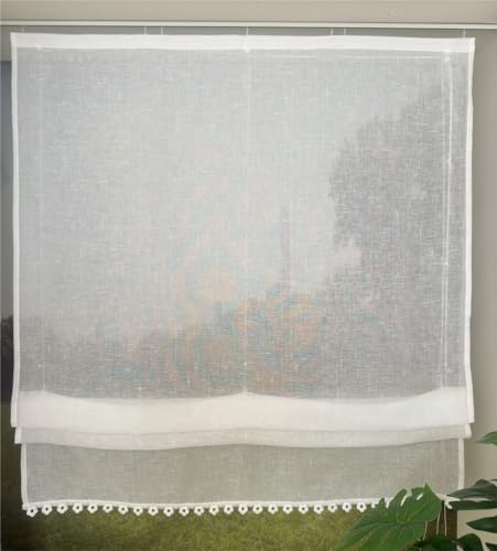 Vordesack Leinenoptik Raffrollo mit Blumen-Kante Unifarbige Raffgardine mit Klettband Wohnzimmer halbtransparent Gardinenschal Küche Weiß 1 Stück HxB 140x120cm von Vordesack