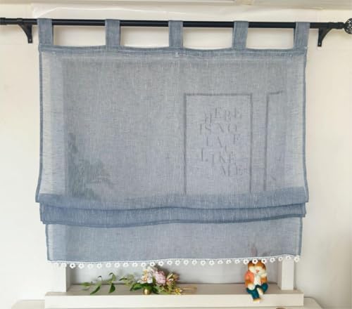 Vordesack Leinenoptik Raffrollo mit Blumen-Kante Unifarbige Raffgardine mit Schlaufen Landhausstil Wohnzimmer halbtransparent Gardinenschal Küche 1 Stück Blau HxB 140x140cm von Vordesack