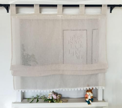 Vordesack Leinenoptik Raffrollo mit Blumen-Kante Unifarbige Raffgardine mit Schlaufen Landhausstil Wohnzimmer halbtransparent Gardinenschal Küche 1 Stück Sand HxB 140x100cm von Vordesack