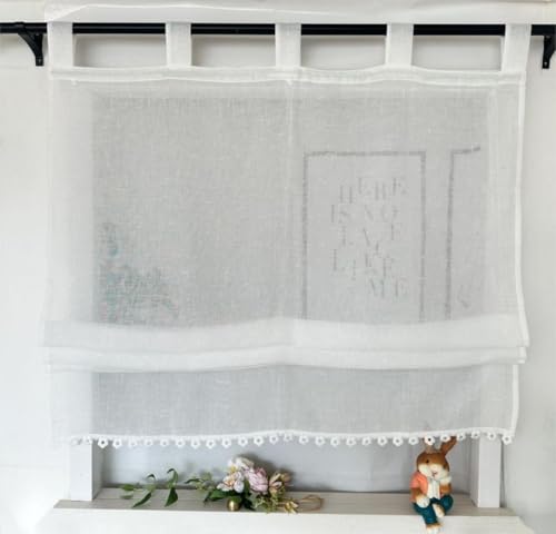 Vordesack Leinenoptik Raffrollo mit Blumen-Kante Unifarbige Raffgardine mit Schlaufen Landhausstil Wohnzimmer halbtransparent Gardinenschal Küche 1 Stück Weiß HxB 140x120cm von Vordesack