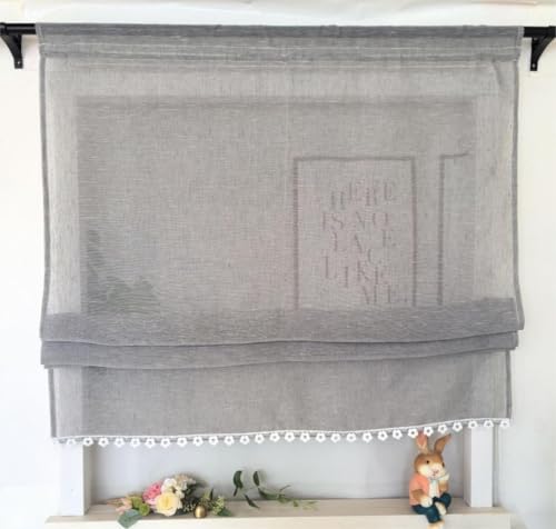 Vordesack Leinenoptik Raffrollo mit Floral-Kante Unifarbige Raffgardine mit Stangendurchzug Landhausstil Wohnzimmer halbtransparent Gardinenschal Küche Raffgardine 1 Stück Grau HxB 140x100cm von Vordesack
