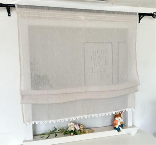 Vordesack Leinenoptik Raffrollo mit Floral-Kante Unifarbige Raffgardine mit Stangendurchzug Landhausstil Wohnzimmer halbtransparent Gardinenschal Küche Raffgardine 1 Stück Sand HxB 140x100cm von Vordesack