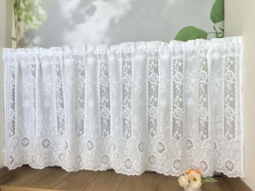 Vordesack Luxuriöse Scheibengardine mit Wellensaum & Blumenstickerei Spitzen-Vorhang Voile für Küche, Wohnzimmer halbtransparent Gardine 1 Stück Weiß HxB 100x150cm von Vordesack