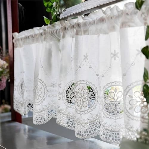Vordesack Scheibengardine mit Baumwolle-Stickerei Blumen und Spitzenkante Landhausstil Bistrogardine mit Stangendurchzug 1 Stück Weiß HxB 60x150cm von Vordesack
