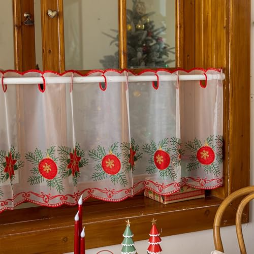 Vordesack Weihnachtliche Rote Scheibengardine mit Stickerei Halbvorhänge Landhausstil Café-Vorhang mit Lochleiste transparente Gardine 1 Stück Äpfel HxB 50x60cm von Vordesack