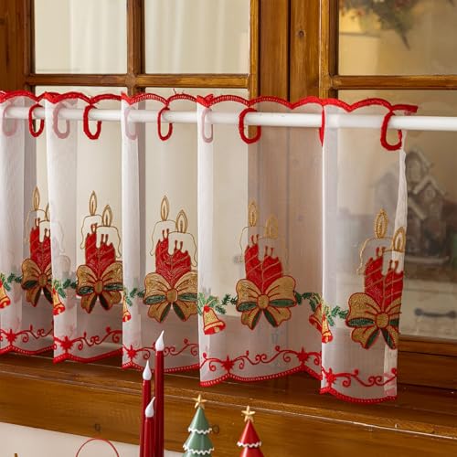 Vordesack Weihnachtliche Rote Scheibengardine mit Stickerei Halbvorhänge Landhausstil Café-Vorhang mit Lochleiste transparente Gardine 1 Stück Glocke HxB 50x180cm von Vordesack