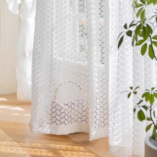 Vordesack Weiße Jacquard Spitzen Gardine mit Blatt Muster Elegante Gardinenstore für Wohnzimmer, Balkon & Mädchenzimmer Scheibengardine mit Stangendurchzug 1 Stück Weiß HxB 100x80cm von Vordesack