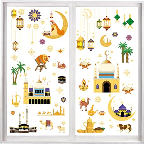 Vordpe 111 Stück Ramadan Fensteraufkleber, Eid Mubarak Dekoration, Fensterbild Eid Mubarak, Halbmond Fenster Aufkleber, Fenstersticker Stern, Ramadan Dekorationen für Zuhause von Vordpe