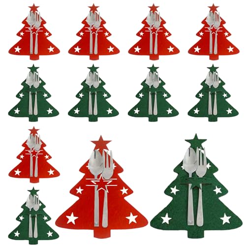 Vordpe 12 Stück Weihnachtsbaum Besteckhalter, Filz Besteckbeutel Weihnachten Gabeln Löffel Besteck Halter Taschen Weihnachten Tischdeko für Party Esstisch Deko von Vordpe