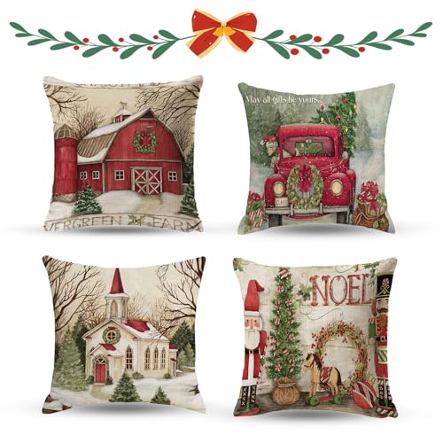 Vordpe 4 Stück Weihnachten Kissenbezug, Winter dekokissen, Leinen Dekorative Sofa Kissenbezüge für Zuhause, Couch, Schlafzimmer, Auto, Weihnachten Favor(45 x 45 cm,Style 2) von Vordpe