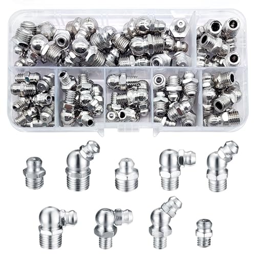 Vordpe 65 Stück Schmiernippel Sortiment, Vernickeltes Eisen Schmiernippel Set M6 M8 M10, Schmiernippel Sortiment Kit 45 ° 90 ° 180 ° mit Aufbewahrungsbox von Vordpe