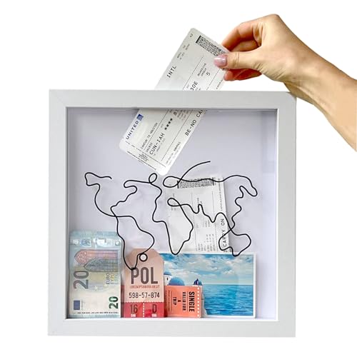 Vordpe Abenteuer Archivbox, Erinnerungsboxen für Andenken, Reise Schattenbox, Für Tickets Shadow Box für Tischplatte Wandmontage, Weltkarte Memento Rahmen (Große, 29*29 cm) von Vordpe