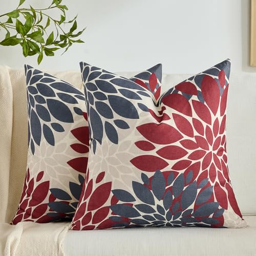 Kissenbezug 45x45cm Boho Dekokissen Rot und Grau Dahlie Frühling Sommer Leinen Dekokissen Sofakissen Dekorativ für Sofa Garten Wohnzimmer Schlafzimmer Terrasse 2er Set von Voreppy