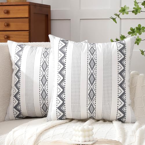 Voreppy Boho Kissenbezüge 45x45cm Samt Weiß und Schwarz Streifen Sofakissen Dekokissen Retro Bauernhaus Geometrisch für Sofa Kissenhülle Landhausstil Zierkissenbezüge Dekor 2er Set von Voreppy