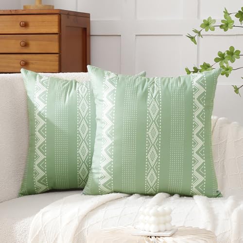 Voreppy Kissenbezug 45x45cm Boho Salbeigrün Sofakissen Dekokissen Kissenhülle Retro Bauernhaus Geometrisch Samt Kissenbezüge für Sofa Schlafzimmer Wohnzimmer 2er Set von Voreppy