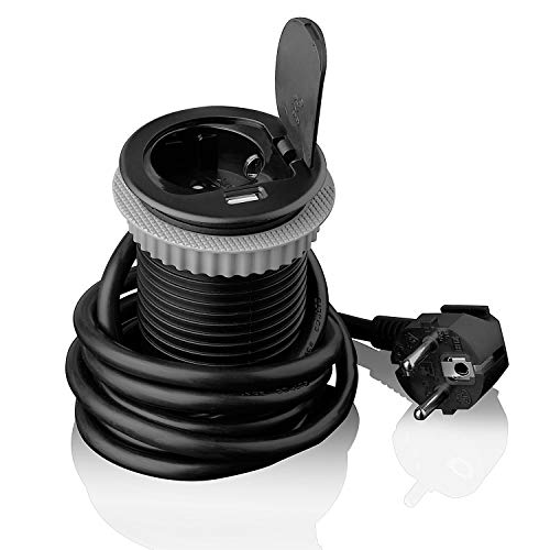 Steckdose versenkbar 1x Schuko + USB für Küche, Büro, Möbel, Schreibtisch. Einbausteckdose mit 1,8m Kabel | 230V AC | IP20 | schwarz, silber | max 3600 Watt | 2,4 A, versenkbar 1x + USB:schwarz Steckdose versenkbar 1x Schuko + USB für Küche, Büro, Möbel, Schreibtisch. Einbausteckdose mit 1,8m Kabel | 230V AC | IP20 | schwarz, silber | max 3600 Watt | 2,4 A, versenkbar 1x + USB:schwarz von Vorex