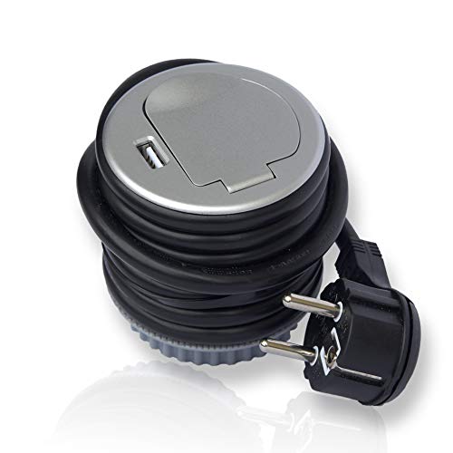 Steckdose versenkbar 1x Schuko + USB für Küche, Büro, Möbel, Schreibtisch. Einbausteckdose mit 1,8m Kabel | 230V AC | IP20 | schwarz, silber | max 3600 Watt | 2,4 A, versenkbar 1x + USB:silber Steckdose versenkbar 1x Schuko + USB für Küche, Büro, Möbel, Schreibtisch. Einbausteckdose mit 1,8m Kabel | 230V AC | IP20 | schwarz, silber | max 3600 Watt | 2,4 A, versenkbar 1x + USB:silber von Vorex