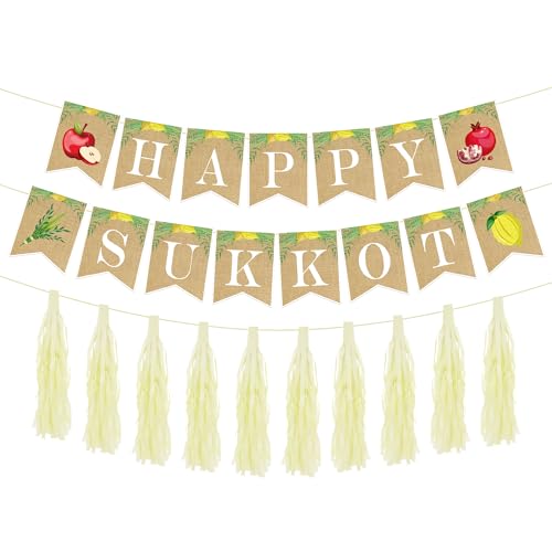 VorkiVecKi Happy Sukkot Party-Dekorationen – 3 Stück jüdische religiöse Sukkah-Banner und hängende Luftschlangen, Fransenvorhänge, Ernte, Früchte, Apfel, Etrog, Partyzubehör, Dekorationen für Festival VorkiVecKi Happy Sukkot Party-Dekorationen – 3 Stück jüdische religiöse Sukkah-Banner und hängende Luftschlangen, Fransenvorhänge, Ernte, Früchte, Apfel, Etrog, Partyzubehör, Dekorationen für Festival von VorkiVecKi