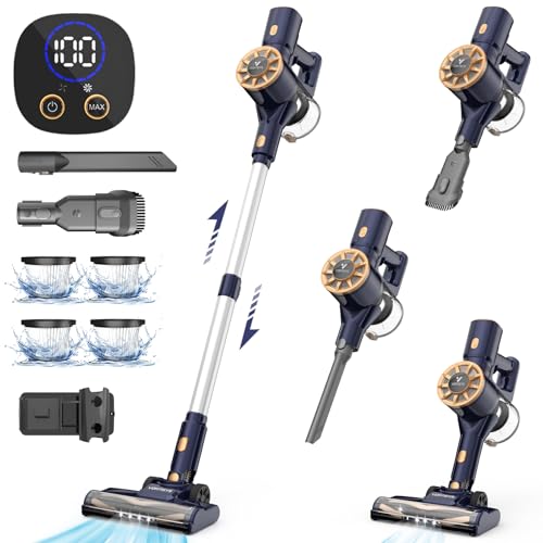 Vortisys Akku Staubsauger - Staubsauger Kabellos Handstaubsauger Akku, 350W/30KPa, 55Min Laufzeit, 5-in-1 Filtration & Anti-Tangle Bürste, für Hartböden Teppiche Tierhaare, Dunkelblau von Vortisys
