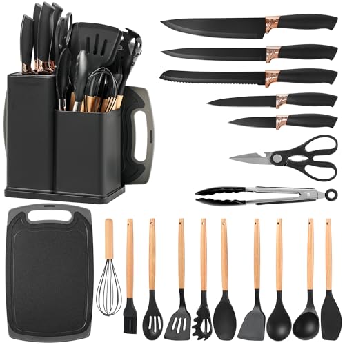 Küchenhelfer Set, 19 Teiligs Küchenutensilien Mit 5 Teiligs küchenmesser set mit block und Pfannenwender Silikon mit Hitzebeständiger Holzgriff, Schwarz von Vortix