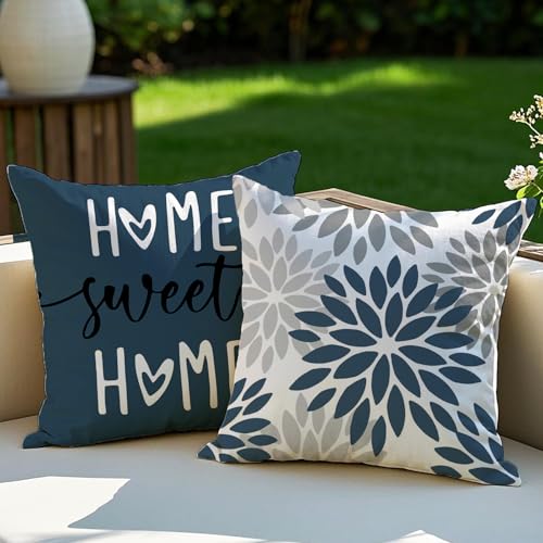 Vorysum 2er Set Kissenbezüge 45x45 cm Dunkelblau Dahlien Outdoor Kissen Modern Kissenbezug Blumen Dekorative Sofakissen Samt Optik für Garten Sofa Wohnzimmer Bett Doppelseitiges Muster von Vorysum